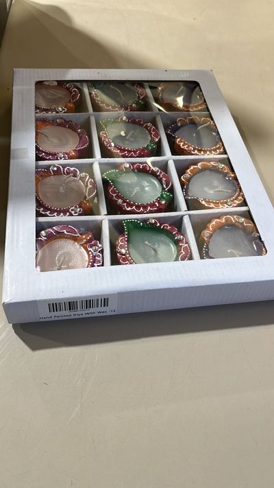 Hand Painted Diya With Wax In Gift Box Set Of 12